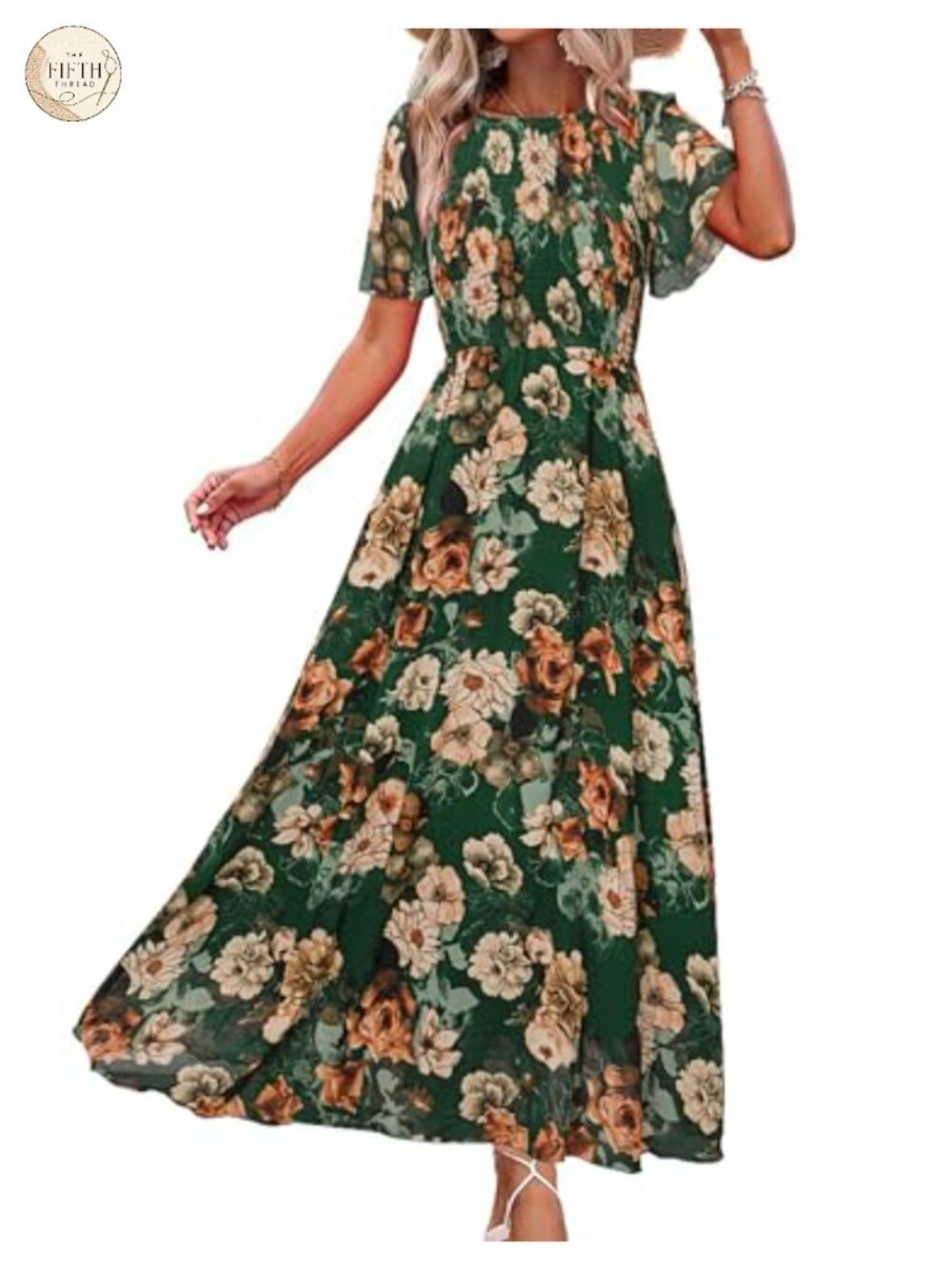 Womens Floral Chiffon Smocked Flutter Sleeve Maxi Dress
